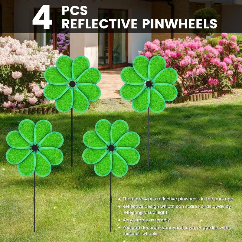 DECEED 4PCS 11.4" W x 28" H Reflective Pinwheels Sparkly Lawn Wind Spinners Colorful Rainbow Windmill for Garden Decoration Bird Devices Deterrent to Scare Birds Away（Green） - Image 2